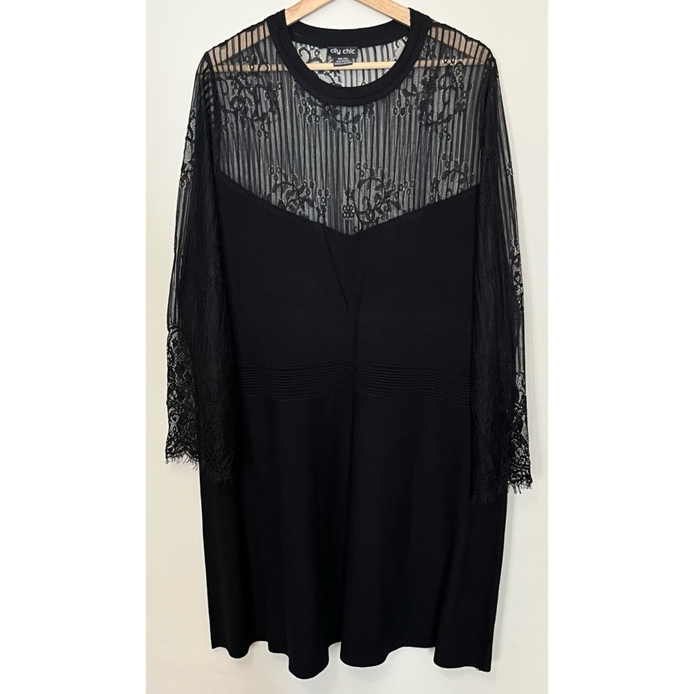 City Chic • XXL/24 • Black Lace Long Sleeve Sweater Dress